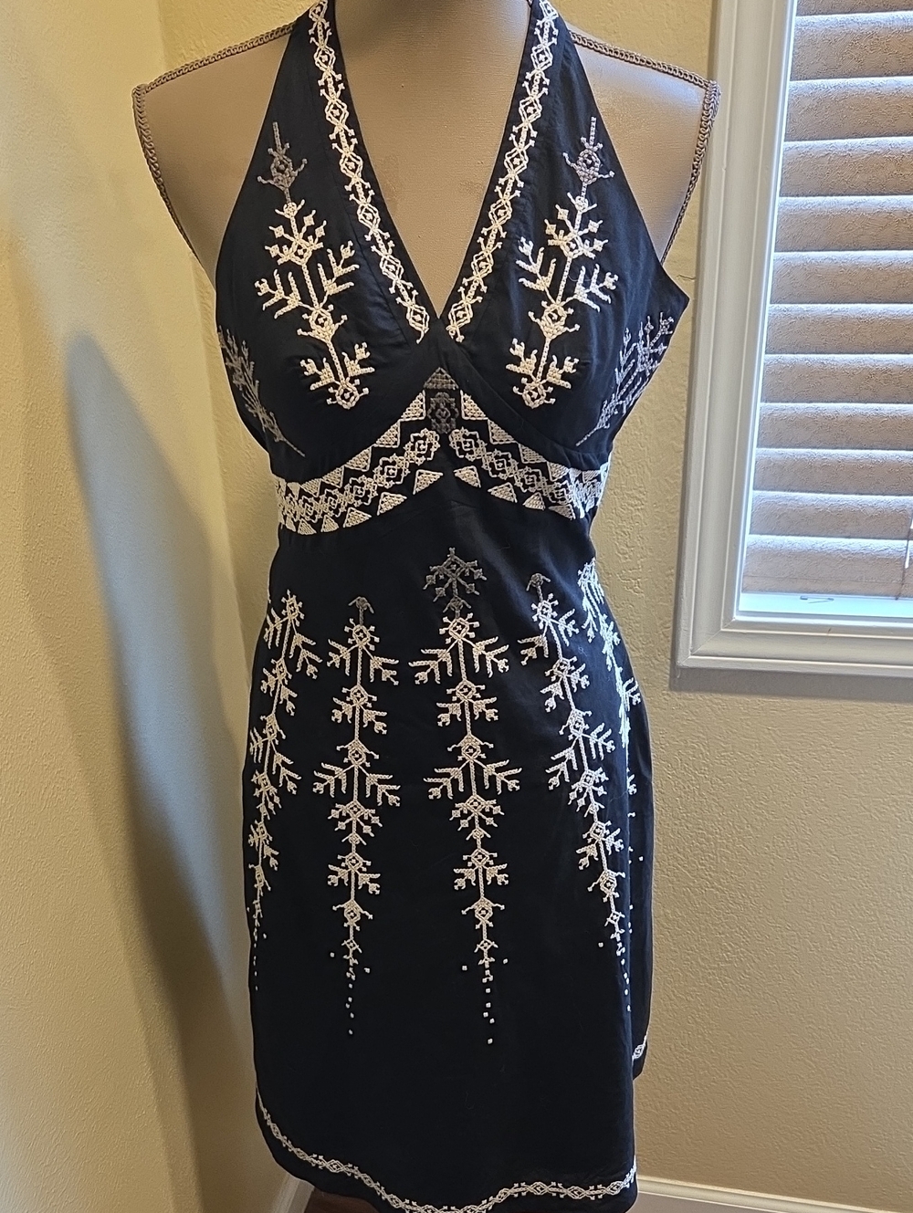 BCBG Maxazria Silk Black Halter Midi Dress with White Embroidery